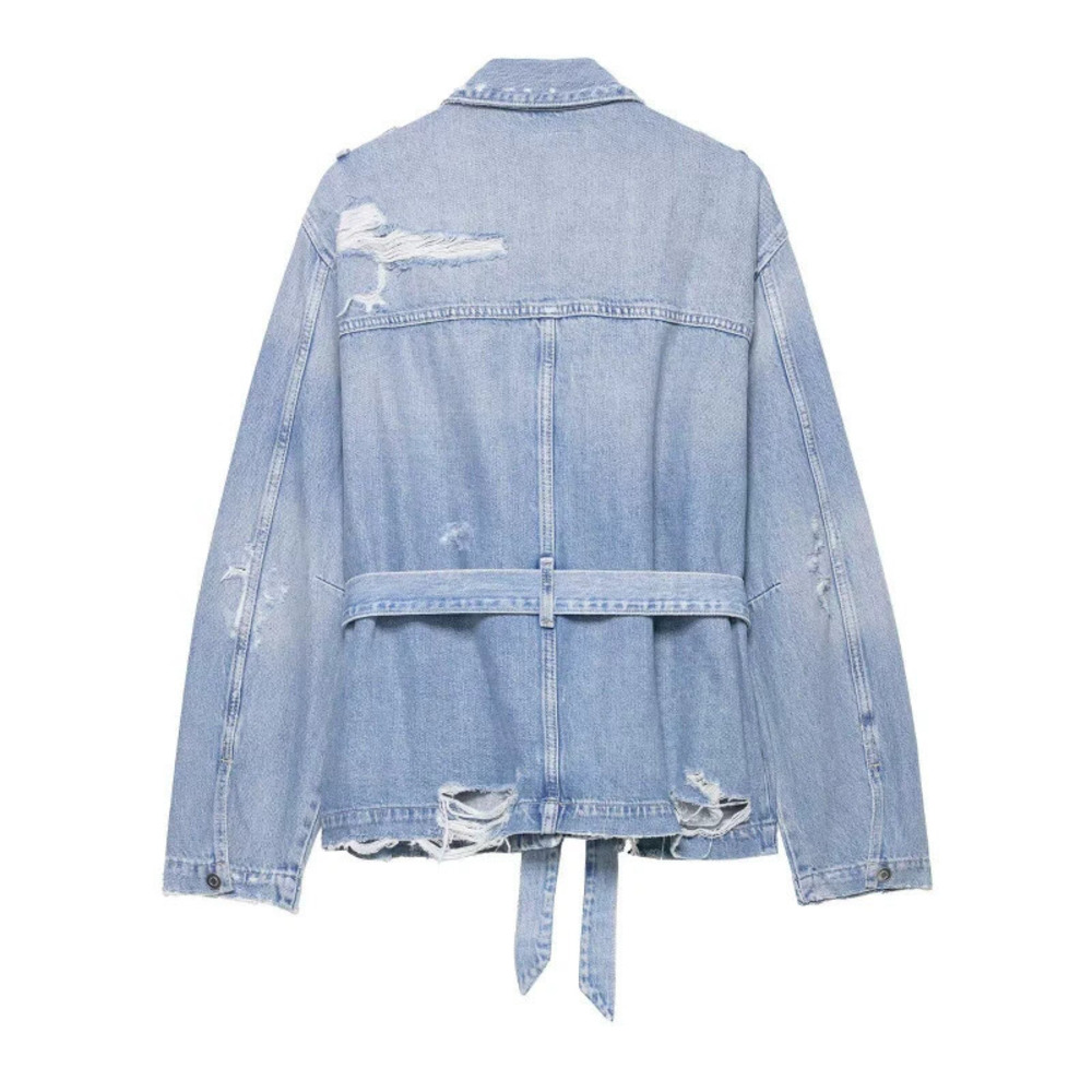 ZARA Casual Versatile Distressed Denim Jacket with Belt